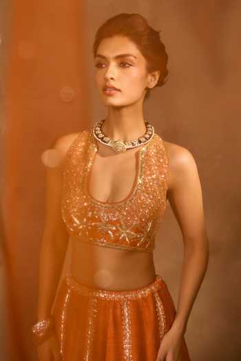 Buy_Chamee & Palak_Blue Silk, Velvet, Net Embroidery, Beads, Applique Maple Palm Raw Lehenga Set _Online_at_Aza_Fashions