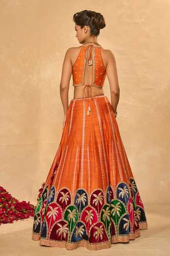 Shop_Chamee & Palak_Blue Silk, Velvet, Net Embroidery, Beads, Applique Maple Palm Raw Lehenga Set _at_Aza_Fashions