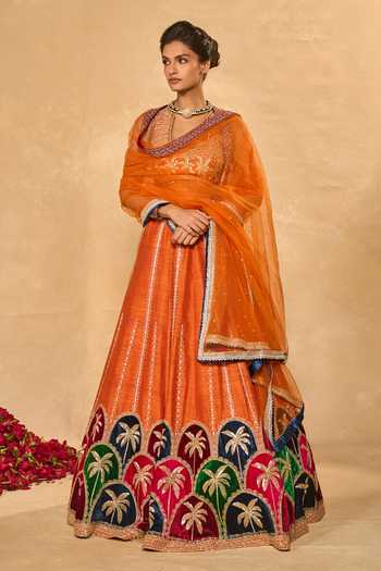 Buy_Chamee & Palak_Blue Silk, Velvet, Net Embroidery, Beads, Applique Maple Palm Raw Lehenga Set _at_Aza_Fashions