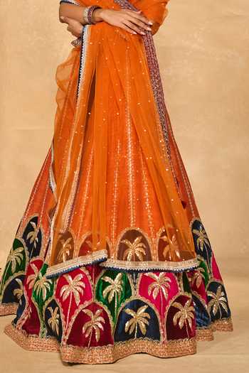 Shop_Chamee & Palak_Blue Silk, Velvet, Net Embroidery, Beads, Applique Maple Palm Raw Lehenga Set 