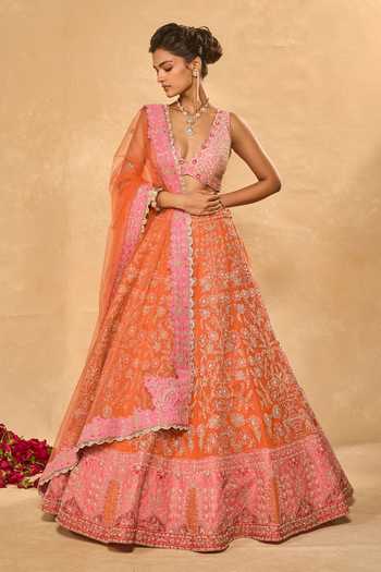 Buy_Chamee & Palak_Pink Silk, Organza, Net Beads, Pearls, Zari, Mahira Embellished Lehenga Set _at_Aza_Fashions