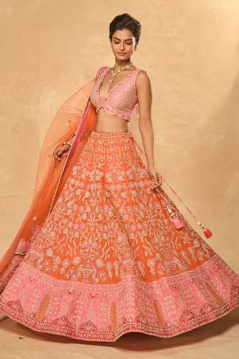 Chamee & Palak_Pink Silk, Organza, Net Beads, Pearls, Zari, Mahira Embellished Lehenga Set _Online