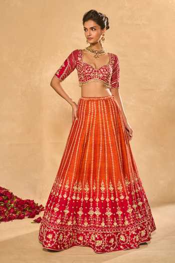 Chamee & Palak_Red Silk, Organza Embroidery, Sequins, Aariana Embellished Ombre Lehenga Set _Online_at_Aza_Fashions