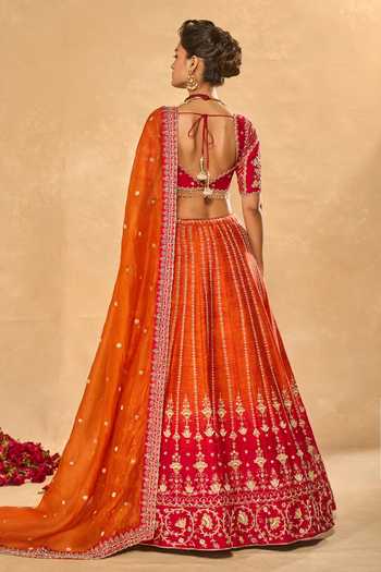 Shop_Chamee & Palak_Red Silk, Organza Embroidery, Sequins, Aariana Embellished Ombre Lehenga Set _at_Aza_Fashions