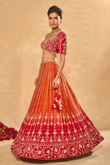 Chamee & Palak_Red Silk, Organza Embroidery, Sequins, Aariana Embellished Ombre Lehenga Set _at_Aza_Fashions