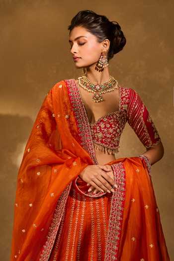 Buy_Chamee & Palak_Red Silk, Organza Embroidery, Sequins, Aariana Embellished Ombre Lehenga Set 