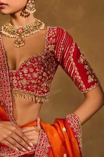 Shop_Chamee & Palak_Red Silk, Organza Embroidery, Sequins, Aariana Embellished Ombre Lehenga Set 
