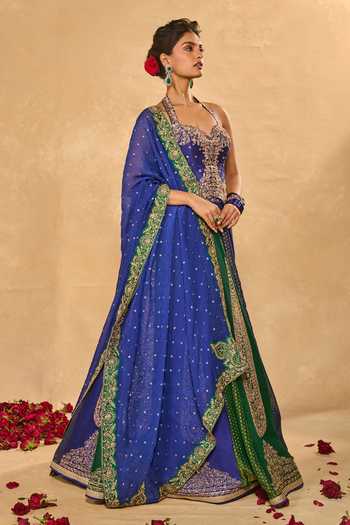 Chamee & Palak_Blue Silk, Tissue, Dupion Sequins, Embroidered And Jamewar 10 Kali Lehenga Set _Online_at_Aza_Fashions