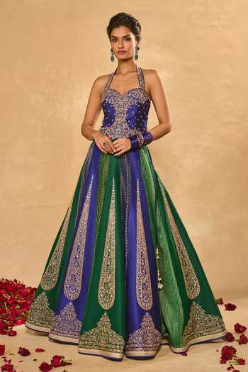 Shop_Chamee & Palak_Blue Silk, Tissue, Dupion Sequins, Embroidered And Jamewar 10 Kali Lehenga Set _Online_at_Aza_Fashions