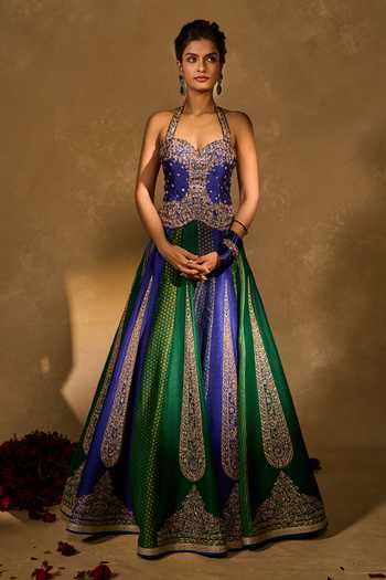 Chamee & Palak_Blue Silk, Tissue, Dupion Sequins, Embroidered And Jamewar 10 Kali Lehenga Set _at_Aza_Fashions