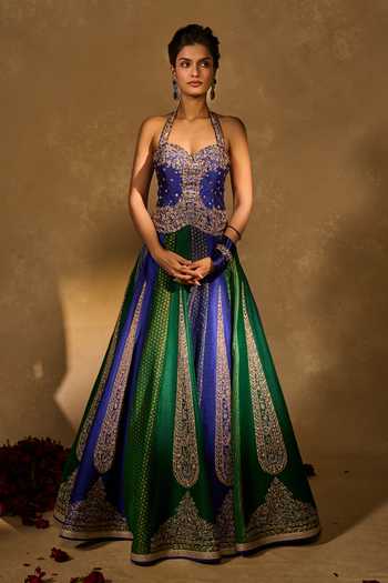 Buy_Chamee & Palak_Blue Silk, Tissue, Dupion Sequins, Embroidered And Jamewar 10 Kali Lehenga Set _at_Aza_Fashions