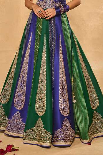 Buy_Chamee & Palak_Blue Silk, Tissue, Dupion Sequins, Embroidered And Jamewar 10 Kali Lehenga Set 