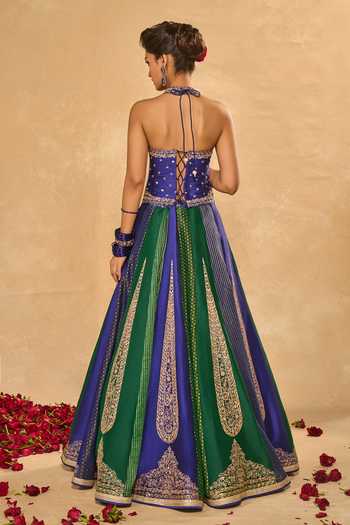 Shop_Chamee & Palak_Blue Silk, Tissue, Dupion Sequins, Embroidered And Jamewar 10 Kali Lehenga Set _at_Aza_Fashions