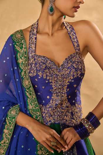 Chamee & Palak_Blue Silk, Tissue, Dupion Sequins, Embroidered And Jamewar 10 Kali Lehenga Set _Online