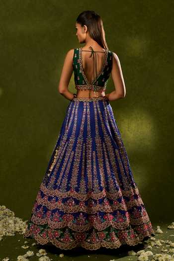Shop_Chamee & Palak_Blue Silk, Organza Embroidery, Sequins, Oorja Resham Embellished Lehenga Set _at_Aza_Fashions
