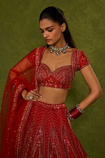 Chamee & Palak_Red Silk, Net Embroidery, Sequins, Beads, Indira Raw Floral Bridal Lehenga Set _Online_at_Aza_Fashions