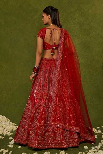 Shop_Chamee & Palak_Red Silk, Net Embroidery, Sequins, Beads, Indira Raw Floral Bridal Lehenga Set _at_Aza_Fashions