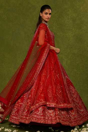 Buy_Chamee & Palak_Red Silk, Net Embroidery, Sequins, Beads, Indira Raw Floral Bridal Lehenga Set _Online_at_Aza_Fashions