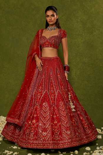 Chamee & Palak_Red Silk, Net Embroidery, Sequins, Beads, Indira Raw Floral Bridal Lehenga Set _at_Aza_Fashions