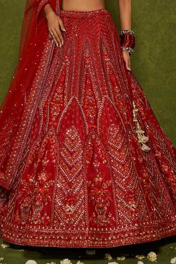 Buy_Chamee & Palak_Red Silk, Net Embroidery, Sequins, Beads, Indira Raw Floral Bridal Lehenga Set 
