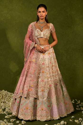 Shop_Chamee & Palak_Pink Silk, Organza, Net Embroidery, Sequins, Kiara And Thread Bridal Lehenga Set _Online_at_Aza_Fashions