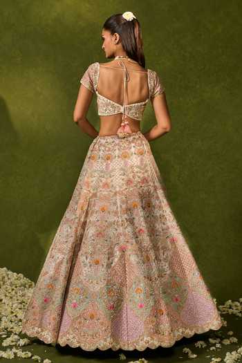 Shop_Chamee & Palak_Pink Silk, Organza, Net Embroidery, Sequins, Kiara And Thread Bridal Lehenga Set _at_Aza_Fashions