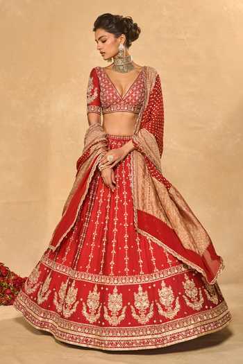 Buy_Chamee & Palak_Red Silk Embroidery, Sequins, Beads, Zari V-neck Mohini Lehenga Set _at_Aza_Fashions