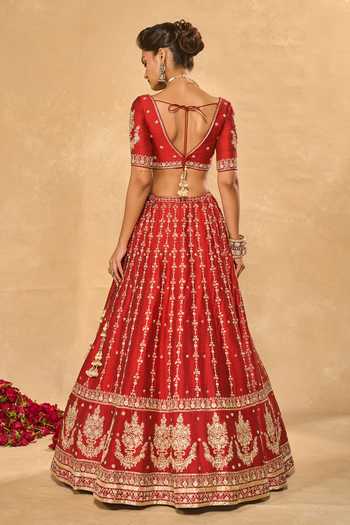 Shop_Chamee & Palak_Red Silk Embroidery, Sequins, Beads, Zari V-neck Mohini Lehenga Set _at_Aza_Fashions