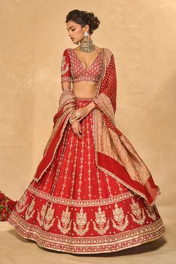 Buy_Chamee & Palak_Red Silk Embroidery, Sequins, Beads, Zari V-neck Mohini Lehenga Set _Online_at_Aza_Fashions
