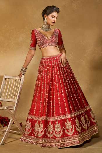 Shop_Chamee & Palak_Red Silk Embroidery, Sequins, Beads, Zari V-neck Mohini Lehenga Set _Online_at_Aza_Fashions