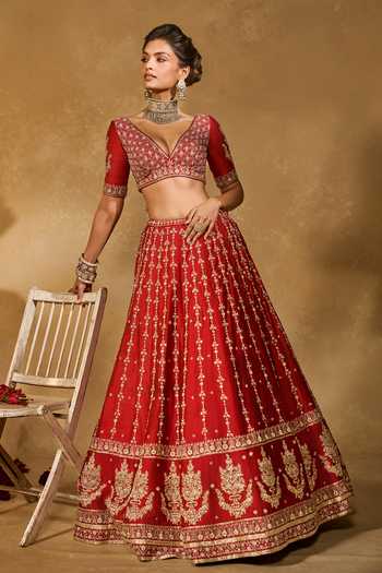Shop_Chamee & Palak_Red Silk Embroidery, Sequins, Beads, Zari V-neck Mohini Lehenga Set 
