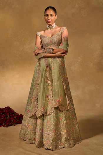 Chamee & Palak_Green Silk, Organza, Net Embroidery, Sequins, Pearls, Zari Revati Lehenga Set _Online_at_Aza_Fashions