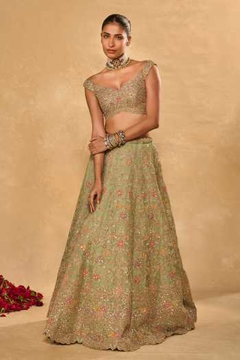 Buy_Chamee & Palak_Green Silk, Organza, Net Embroidery, Sequins, Pearls, Zari Revati Lehenga Set _Online_at_Aza_Fashions