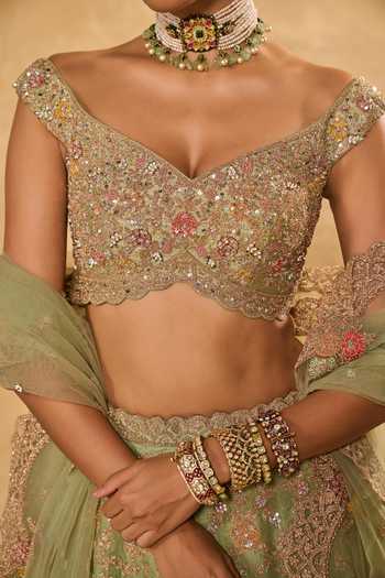 Shop_Chamee & Palak_Green Silk, Organza, Net Embroidery, Sequins, Pearls, Zari Revati Lehenga Set _Online_at_Aza_Fashions
