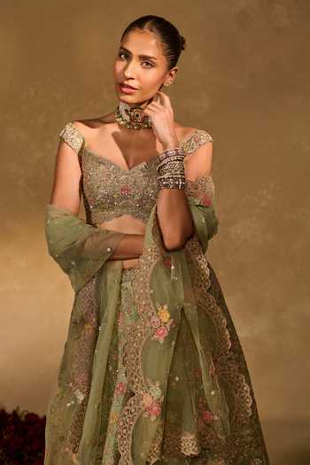 Chamee & Palak_Green Silk, Organza, Net Embroidery, Sequins, Pearls, Zari Revati Lehenga Set _at_Aza_Fashions