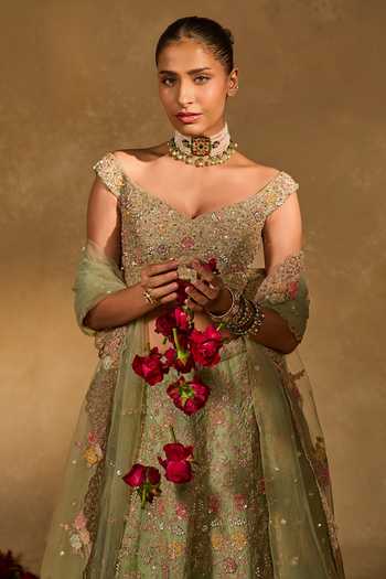 Buy_Chamee & Palak_Green Silk, Organza, Net Embroidery, Sequins, Pearls, Zari Revati Lehenga Set 