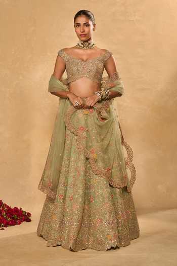 Buy_Chamee & Palak_Green Silk, Organza, Net Embroidery, Sequins, Pearls, Zari Revati Lehenga Set _at_Aza_Fashions