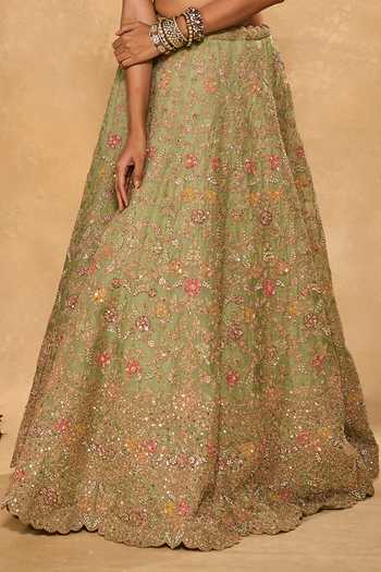 Shop_Chamee & Palak_Green Silk, Organza, Net Embroidery, Sequins, Pearls, Zari Revati Lehenga Set 