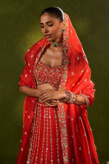 Buy_Chamee & Palak_Red Silk, Organza Embroidery, Beads, Pearls, Zari Anandi Raw Lehenga Set _Online_at_Aza_Fashions