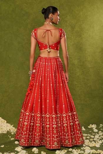 Shop_Chamee & Palak_Red Silk, Organza Embroidery, Beads, Pearls, Zari Anandi Raw Lehenga Set _at_Aza_Fashions