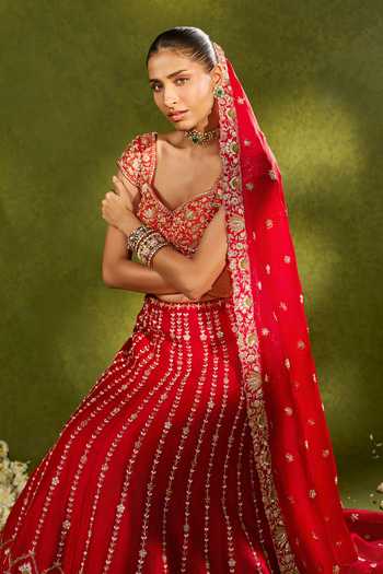 Shop_Chamee & Palak_Red Silk, Organza Embroidery, Beads, Pearls, Zari Anandi Raw Lehenga Set _Online_at_Aza_Fashions