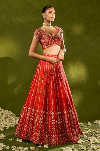 Chamee & Palak_Red Silk, Organza Embroidery, Beads, Pearls, Zari Anandi Raw Lehenga Set _at_Aza_Fashions