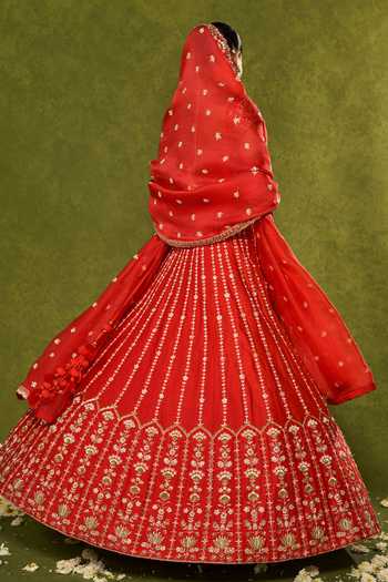 Buy_Chamee & Palak_Red Silk, Organza Embroidery, Beads, Pearls, Zari Anandi Raw Lehenga Set 