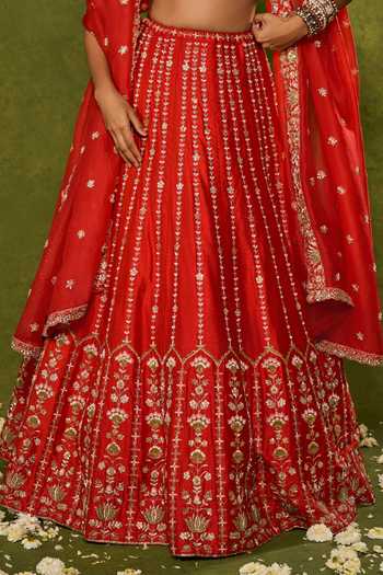 Chamee & Palak_Red Silk, Organza Embroidery, Beads, Pearls, Zari Anandi Raw Lehenga Set _Online