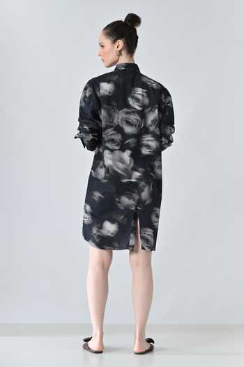 Shop_Samant Chauhan_Black Cotton Collared Blur Rose Print Shirt _at_Aza_Fashions