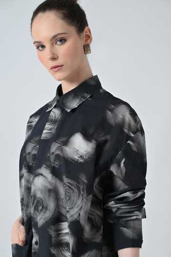 Buy_Samant Chauhan_Black Cotton Collared Blur Rose Print Shirt _Online_at_Aza_Fashions