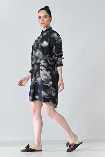 Samant Chauhan_Black Cotton Collared Blur Rose Print Shirt _at_Aza_Fashions