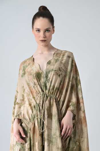 Samant Chauhan_Beige Cotton V-neck Abstract Print Kaftan _Online_at_Aza_Fashions