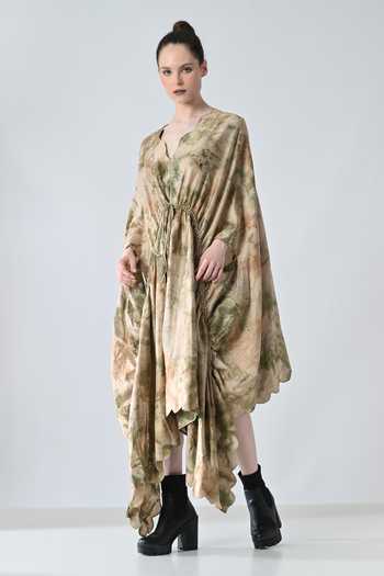 Samant Chauhan_Beige Cotton V-neck Abstract Print Kaftan _at_Aza_Fashions