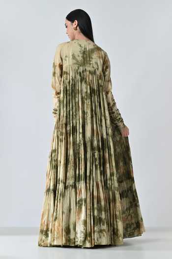 Shop_Samant Chauhan_Olive Green Cotton Round Neck Meadow Pleated Print Dress _at_Aza_Fashions